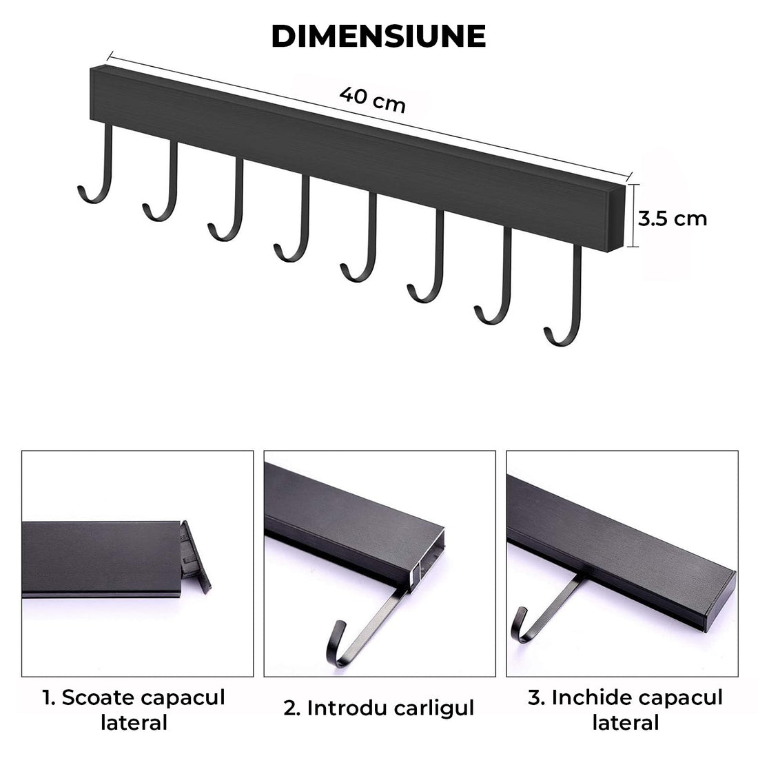 Suport de Perete Elindor® pentru Ustensile de Bucatarie, cu 8 Carlige, Lipire cu Adeziv, fara Gauri, Depozitare Tacamuri, Suport Metalic, Accesorii Organizare, Economisire Spatiu, Organizator de 40 x 3.5 cm, Negru