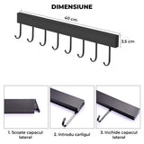 Suport de Perete Elindor® pentru Ustensile de Bucatarie, cu 8 Carlige, Lipire cu Adeziv, fara Gauri, Depozitare Tacamuri, Suport Metalic, Accesorii Organizare, Economisire Spatiu, Organizator de 40 x 3.5 cm, Negru