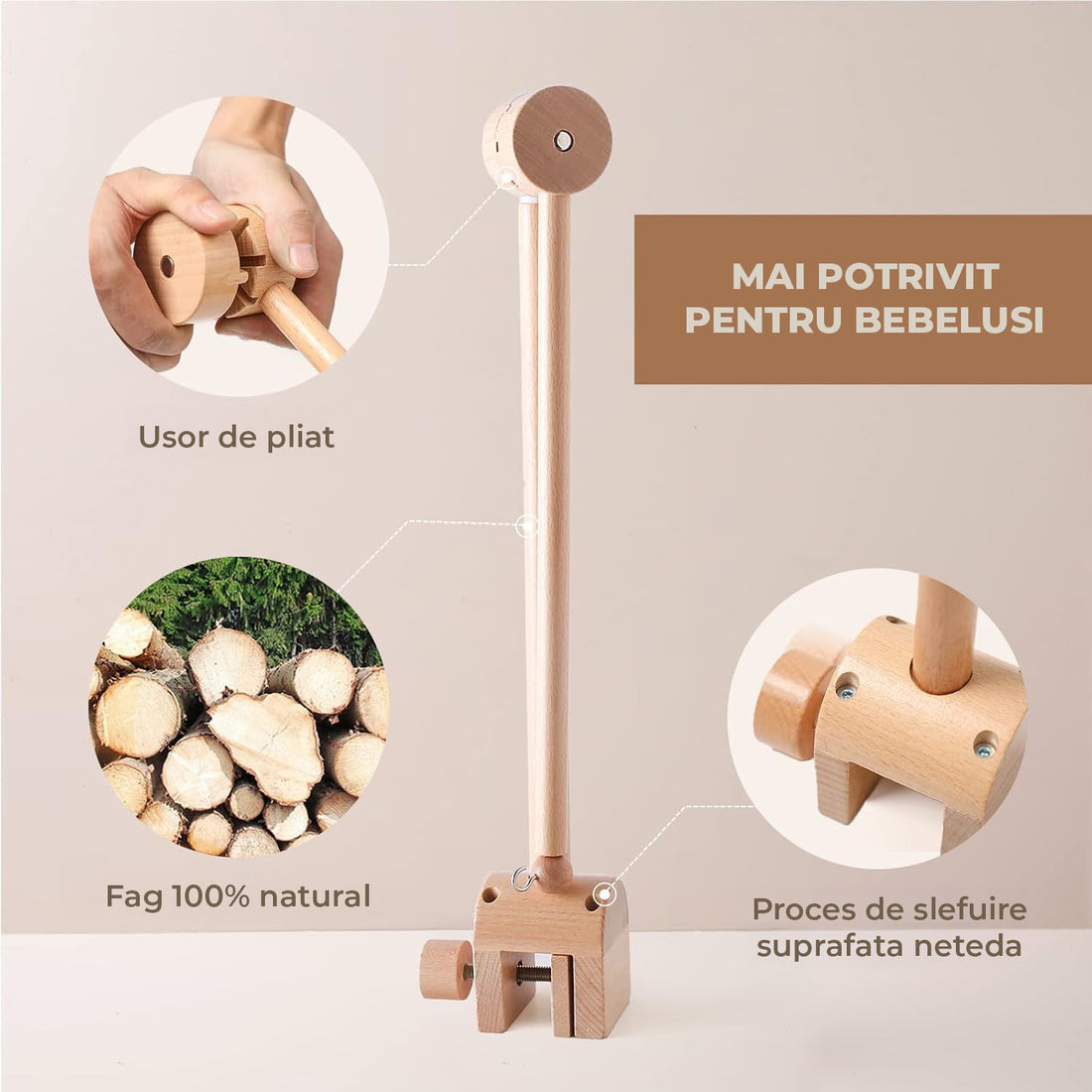 Suport Mobil Universal din Lemn pentru Carusel Elindor® pentru Patut, Montaj Fara Suruburi pe Pat, Tarc sau Masa de Infasat, Brat Rotativ 360°, Decor Camera Bebelusi, Maro Deschis