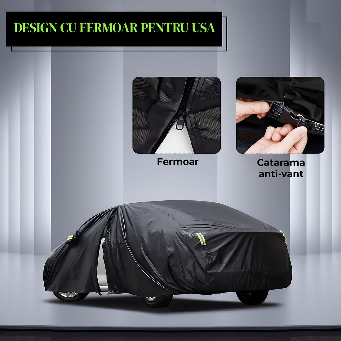 Prelata Auto Neagra 3 Straturi Elindor®, Impermeabila, Toate Anotimpurile, Husa de Protectie Completa, Antigrindina, Ploaie, Anti Soare, Accesorii Masina Exterior, Sedan L, 458×178×120 cm