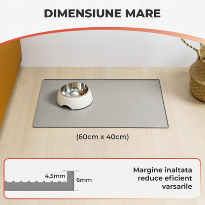Covoras Hranire Silicon Elindor® pentru Caini si Pisici, Suport Antialunecare si Impermeabil pentru Boluri Hrana si Apa, Margine Inaltata 0.6 cm, Usor de Curatat, Rezistent, 60x40 cm, Potrivit pentru Calatorii si Utilizare Zilnica, Gri