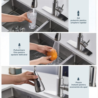 Robinet Bucatarie cu Pipa Inalta Elindor®, Pulverizator Retractabil, Aerator Detasabil, Otel Inoxidabil, Argintiu