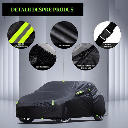 Prelata Auto Neagra 3 Straturi Elindor®, Impermeabila, Toate Anotimpurile, Husa de Protectie Completa, Antigrindina, Ploaie, Anti Soare, Accesorii Masina Exterior, Hatchback M, 382x165x120 cm