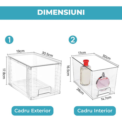 Set 4 Cutii Elindor® pentru Depozitare Compactă, Sertare Stivuibile și Glisante, Transparente
