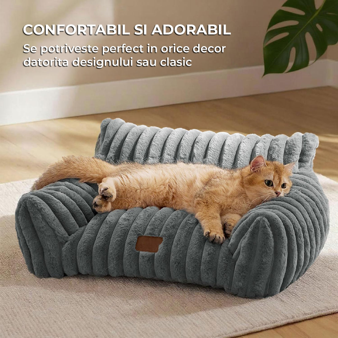 Pat Confortabil pentru Caini si Pisici Elindor® Tip Canapea, Culcus Moale Antiderapant, cu Husa Detasabila din Microfibra Lavabila la Masina, Potrivit pentru Caine si Pisica de Talie Mica, Ideal in Orice Anotimp, in Casa, 61 x 46 x 25 cm, Gri