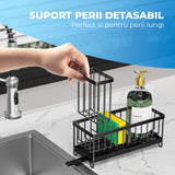 Suport Organizator Chiuveta Elindor® din Otel Carbon cu Tavita de Scurgere Rotativa 360 Grade, Compartimente Detasabile, Negru