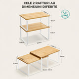 Set 2 Rafturi Elindor® din Bambus, Extensibil si Suprapus pentru Bucatarie, Organizator Metalic Reglabil, Ideal ca Etajera Depozitare in Camara sau Birou, Perfect pentru Condimente, Vesela, Farfurii, Stabil si Compact, Polita pentru Obiecte Diverse, Alb