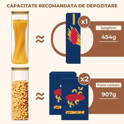 Set 3 Caserole Elindor® Sticla cu Capace Bambus, Recipiente Etanse 2.1L Pentru Alimente Uscate: Paste, Cereale, Cafea, Zahar, Cutii Depozitare si Organizare Bucatarie, Frigider sau Camara – Transparent