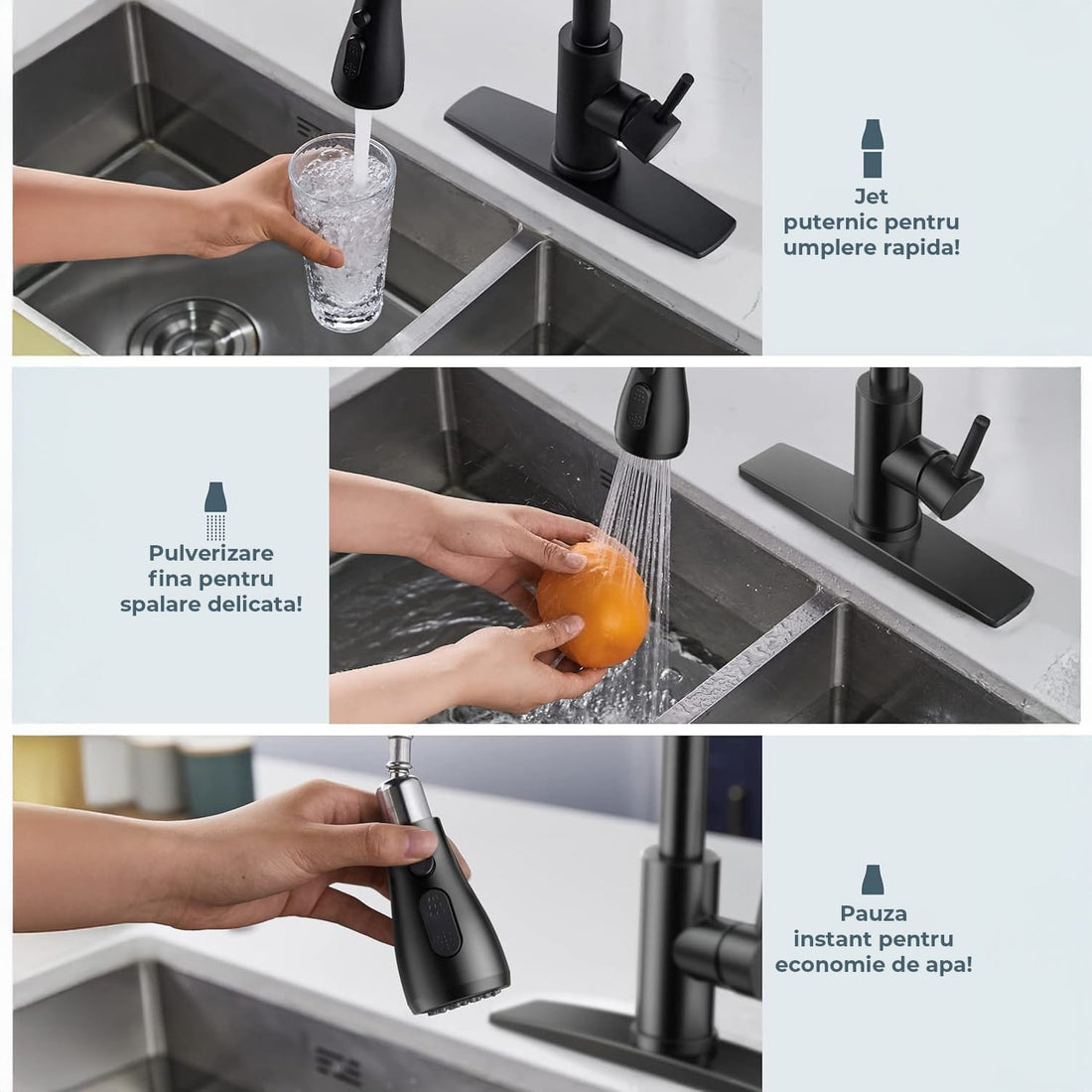 Robinet Bucatarie cu Pipa Inalta Elindor®, Pulverizator Retractabil, Aerator Detasabil, Otel Inoxidabil, Negru