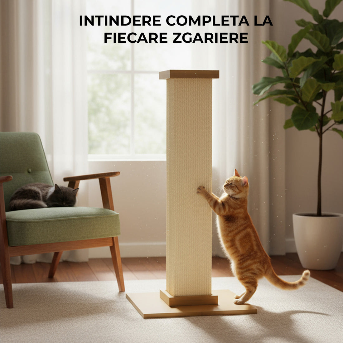 Ansamblu de Joaca Elindor® pentru Pisici, Post pentru Zgariat din Sisal, Stalp pentru Ascutit Gheare, Baza din Lemn, Accesorii Animale de Companie, Montare Usoare, 40.6 x 40.6 x 81.3 cm, Bej