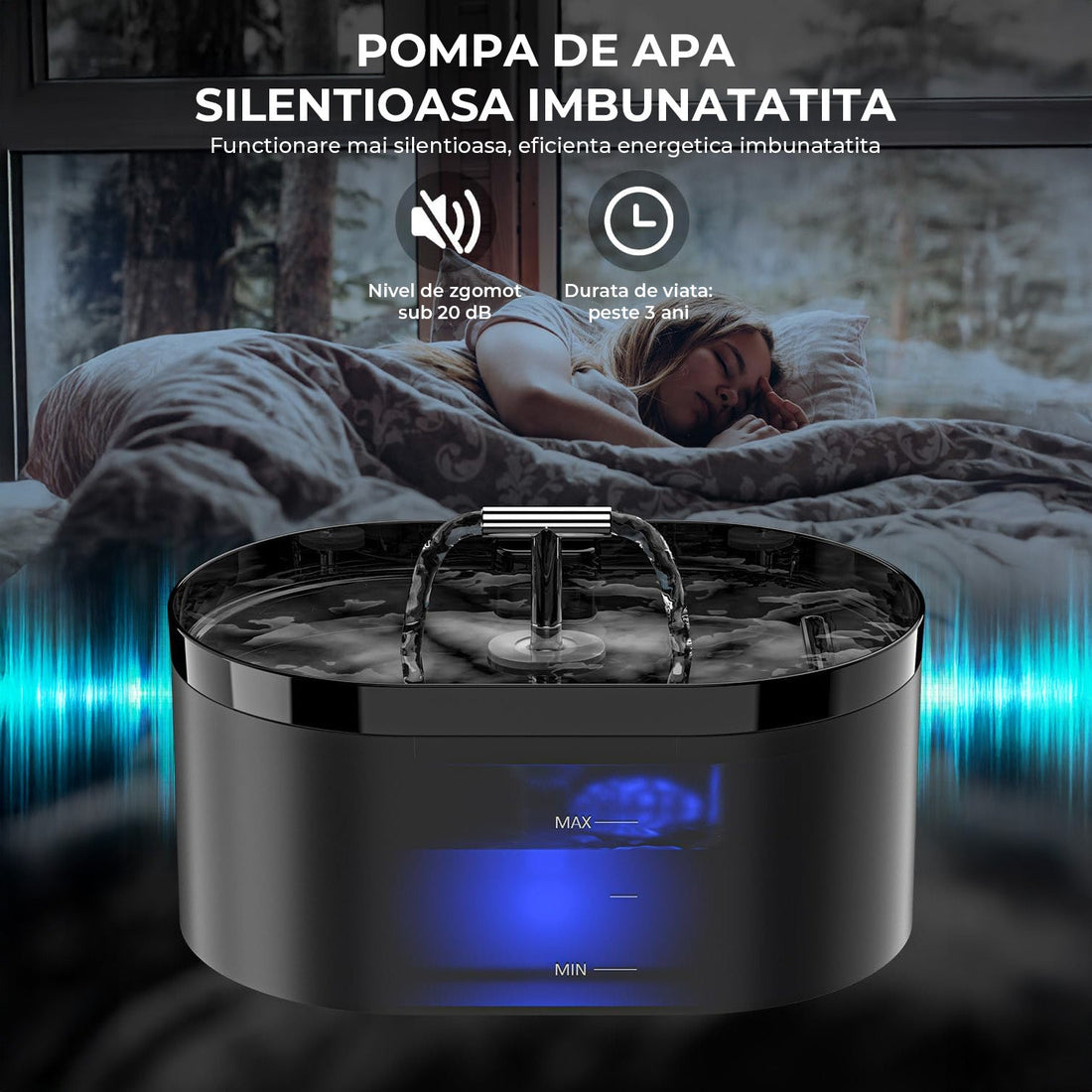 Fantana de Apa pentru Pisici Elindor® Cu Filtru Carbon Activ Si Pompa Silentioasa, Capacitate 2.2L, Design Modern cu Led, Usor De Curatat, Jet Reglabil, Negru