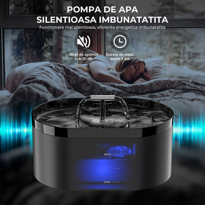 Fantana de Apa pentru Pisici Elindor® Cu Filtru Carbon Activ Si Pompa Silentioasa, Capacitate 2.2L, Design Modern cu Led, Usor De Curatat, Jet Reglabil, Negru