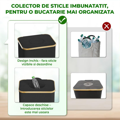 Cos pentru Reciclare Elindor® Capacitate 100L, din Material Textil si Bambus, pentru Multifunctional, pentru Bucatarie sau Camara, Cos Gunoi Potrivit pentru Colectare Selectiva a Sticlelor de Plastic, 41 x 33.5 x 70 cm, Negru