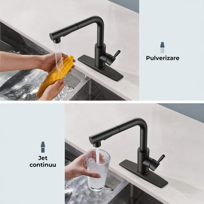 Robinet Bucatarie Elindor® cu Maner Unic, Pulverizator Retractabil, Otel Inoxidabil, Negru