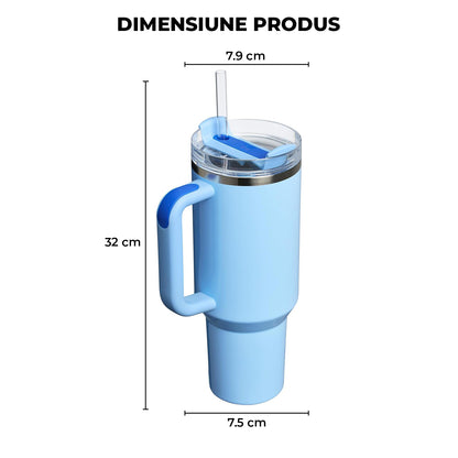 Cana Termos Elindor® din Otel Inoxidabil, 1200 ml, Izolatie Termica cu Pereti Dubli, cu Capac si Pai Reutilizabil, Rezistenta la Scurgeri, Ideala pentru Apa, Ceai, Cafea sau Smoothie, Utilizare in Masina Suport Auto, Albastru Deschis