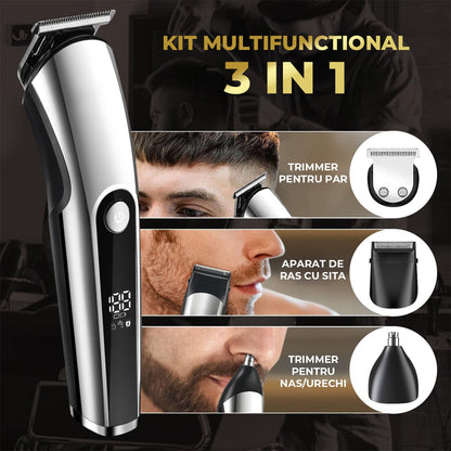 Aparat De Tuns 3 in 1 Elindor® Pentru Ingrijire Personala, Barba, Par, Nas/Urechi, Display LED, Lame Precise, Autonomie 2.5h, Argintiu