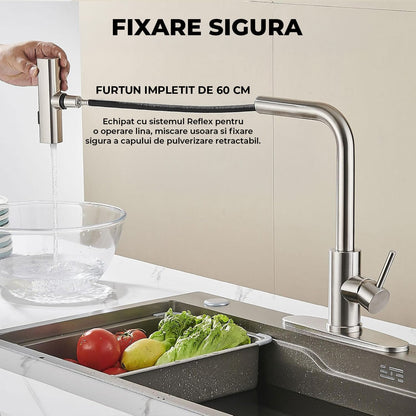 Baterie Bucatarie Elindor® Cu Dus Extractibil, Pipa Inalta, Finisaj Nichel Periat, Argintiu