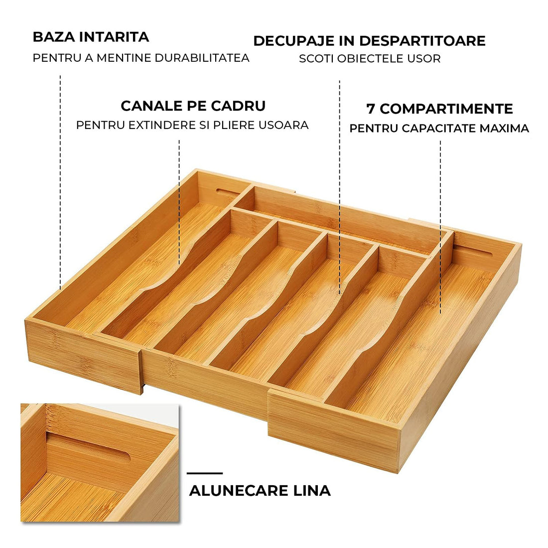 Organizator Extensibil Elindor® din Bambus, pentru Depozitare Tacamuri si Ustensile de Bucatarie, Furculite, Linguri, Cutite, 7 Compartimente, Sertar 25.5-39.4 cm, Suport Ajustabil, Separator Sertare Spatios, Accesorii Organizare
