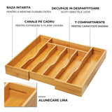 Organizator Extensibil Elindor® din Bambus, pentru Depozitare Tacamuri si Ustensile de Bucatarie, Furculite, Linguri, Cutite, 7 Compartimente, Sertar 25.5-39.4 cm, Suport Ajustabil, Separator Sertare Spatios, Accesorii Organizare