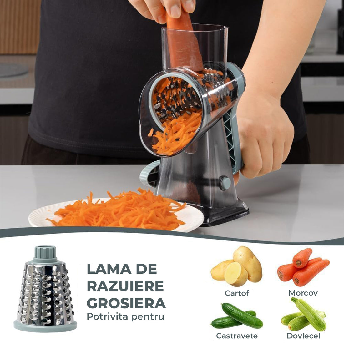 Rasnita Rotativa 3 in 1 Elindor® cu Maner, Razatoare Lame din Otel Inoxidabil, Tocator Legume, Cascaval, Razatoare Branza, Nuci, Morcovi, Varza, Ustensila de Bucatarie, Design Compact, Multifunctional, Gri