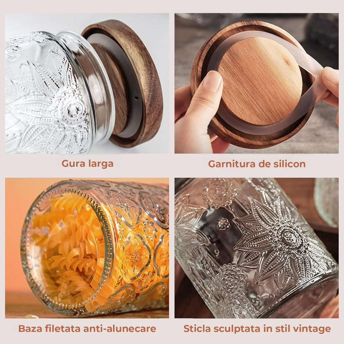 Set 2 Borcane din Sticla Elindor®  Capac Din Lemn, Design Vintage Sculptat, 1000ml, Recipiente Etanse pentru Depozitare, Transparent