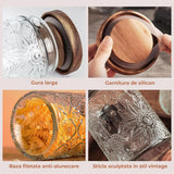 Set 2 Borcane din Sticla Elindor®  Capac Din Lemn, Design Vintage Sculptat, 1000ml, Recipiente Etanse pentru Depozitare, Transparent