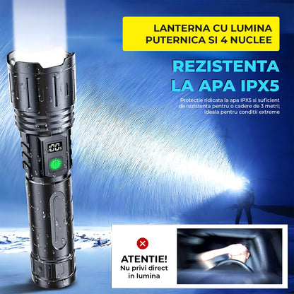 Lanterna LED Neagra Elindor® Profesionala, Extra Luminoasa, 2000 Lumeni, cu Acumulator / Baterie Reincarcabila (USB C), Design Tactic Militar, 5 Moduri, Fascicul cu Zoom, Rezistent la Apa, Multifunctionala, de Vanatoare, Pescuit, Drumetii