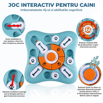 Puzzle Inteligent Elindor® pentru Caini si Pisici cu Sunet si Compartimente Recompense si Hrana, Rotire 360, Albastru