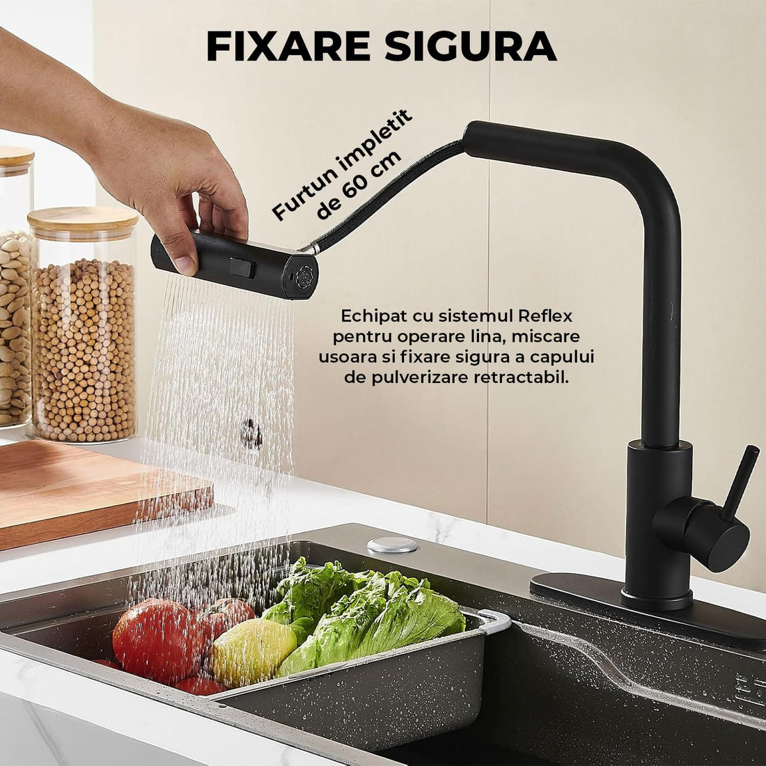 Baterie Bucatarie Elindor® Cu Dus Extractibil, Pipa Inalta, Finisaj Nichel Periat, Negru