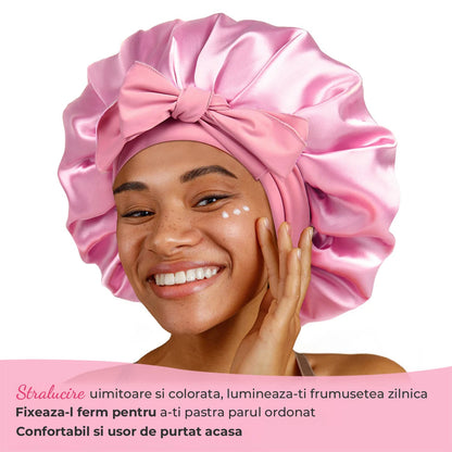 Boneta Satin Dubla Elindor® Pentru Protectia Parului, Banda Reglabila, Roz