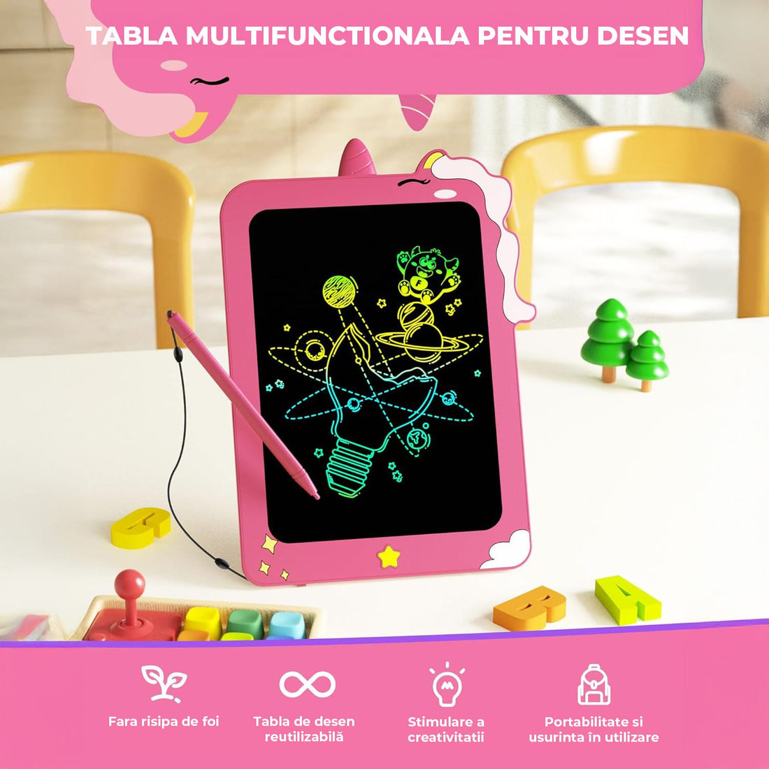 Tabletă LCD pentru Copii Elindor®, 8.5 Inch, pentru Desenat și Scris, Roz