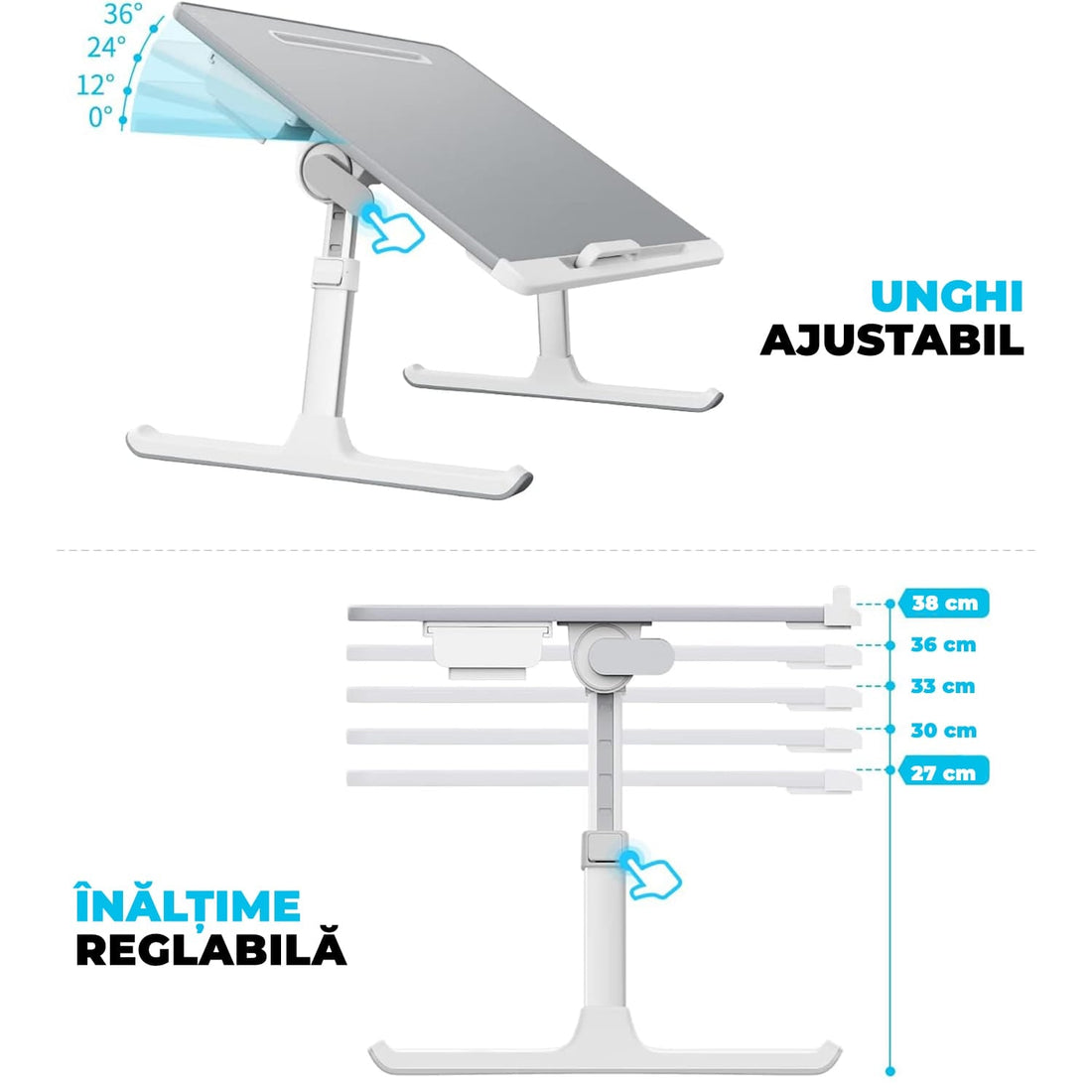 Masa Pliabila pentru Laptop Elindor®, Multifunctionala, Ajustabila din Piele PVC, Birou Portabil cu Sertar de Depozitare si Suport pentru Carte, Inaltime intre 27-38 cm, Gri