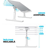 Masa Pliabila pentru Laptop Elindor®, Multifunctionala, Ajustabila din Piele PVC, Birou Portabil cu Sertar de Depozitare si Suport pentru Carte, Inaltime intre 27-38 cm, Gri