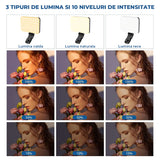 Lampa LED Portabila Elindor® Lumina Profesionala Compacta pentru Videoconferinte, Streaming, Selfie si Machiaj, cu Clip Reglabil si Suport Trepied, 3 Moduri Culoare Alb, Cald, Natural, 10 Trepte Intensitate, Baterie Reincarcabila 2200 mAh, Negru