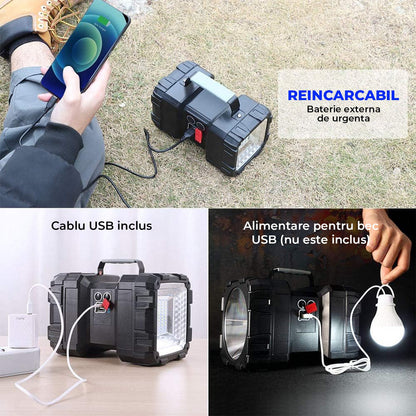 Lanterna Multifunctionala Elindor® Reincarcabila, 10.000mAh, Power Bank, 10.00LM, 7 Moduri, IPX44, 2 Capete, Negru