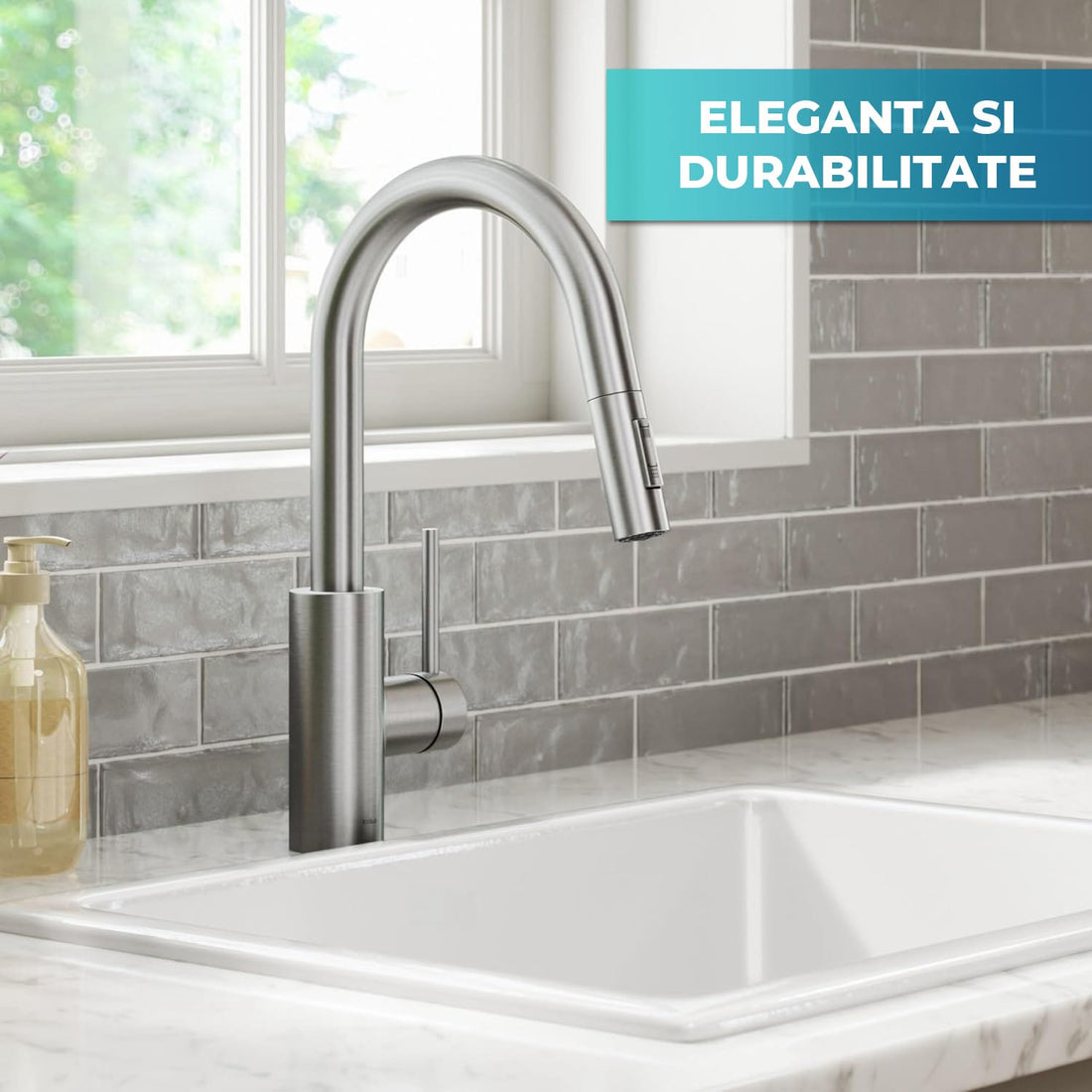 Baterie Bucatarie cu Dus Extractibil Elindor®, Jet Ajustabil, Design Modern, Argintiu