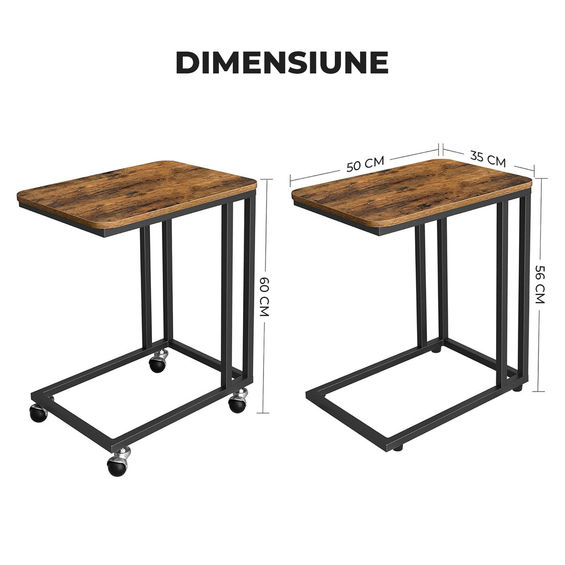 Masa de Cafea Laterala Elindor® in Forma de C, Design Industrial, Ideala pentru Living, Birou, Dormitor, Mobila mUltifunctionala, Moderna, Greutate Maxima Suportata 25 kg, Roti Detasabile Incluse, 50 x 35 x 60 cm, Maro / Negru