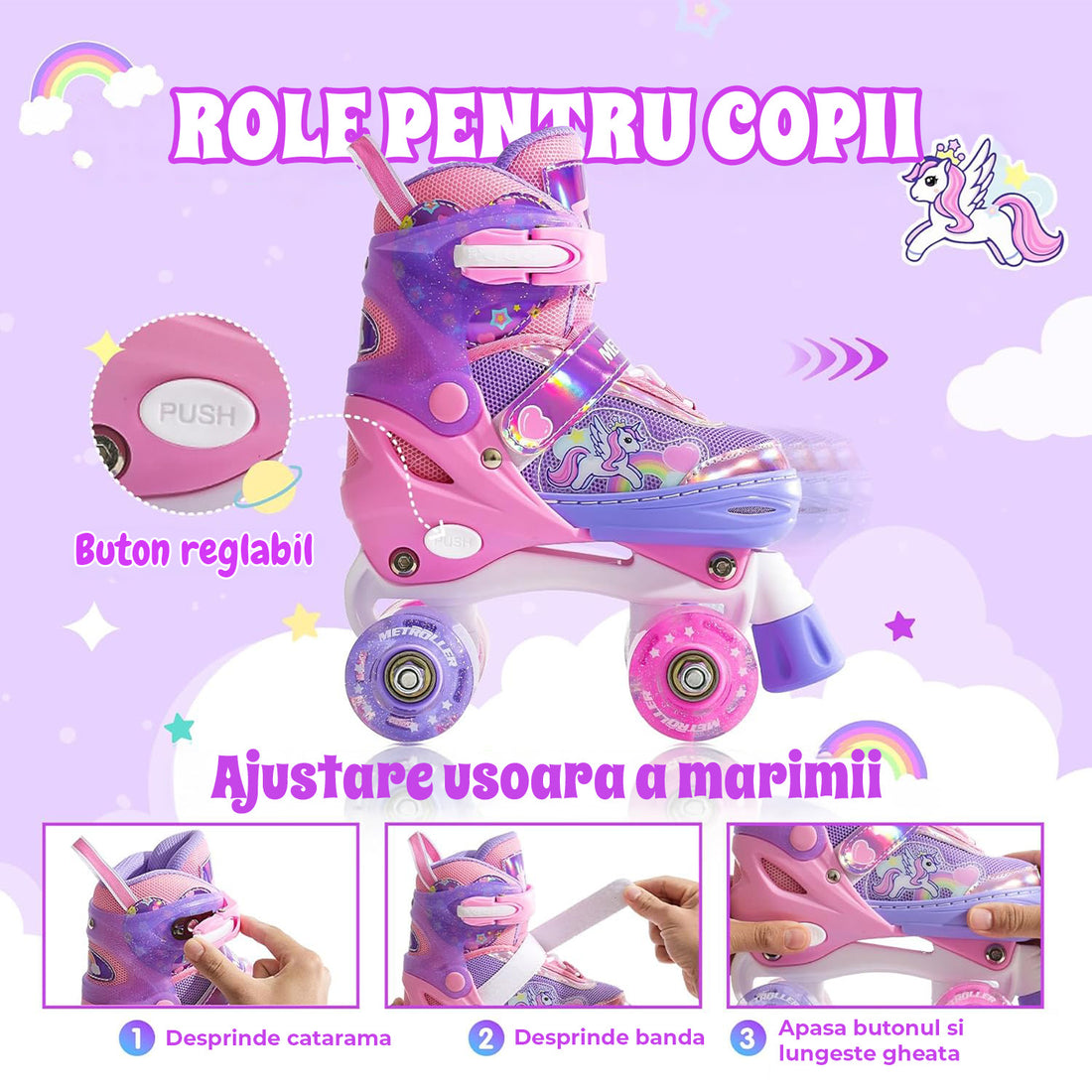 Role Reglabile Elindor® pentru Copii, Fete si Baieti, 4 Roti cu Lumini Quad, Ajutatoare, Rotile din Silicon, Rulmenti ABEC-7, Aluminiu / Poliuretan, Marimea M, 32-36, Model Unicorn, Mov