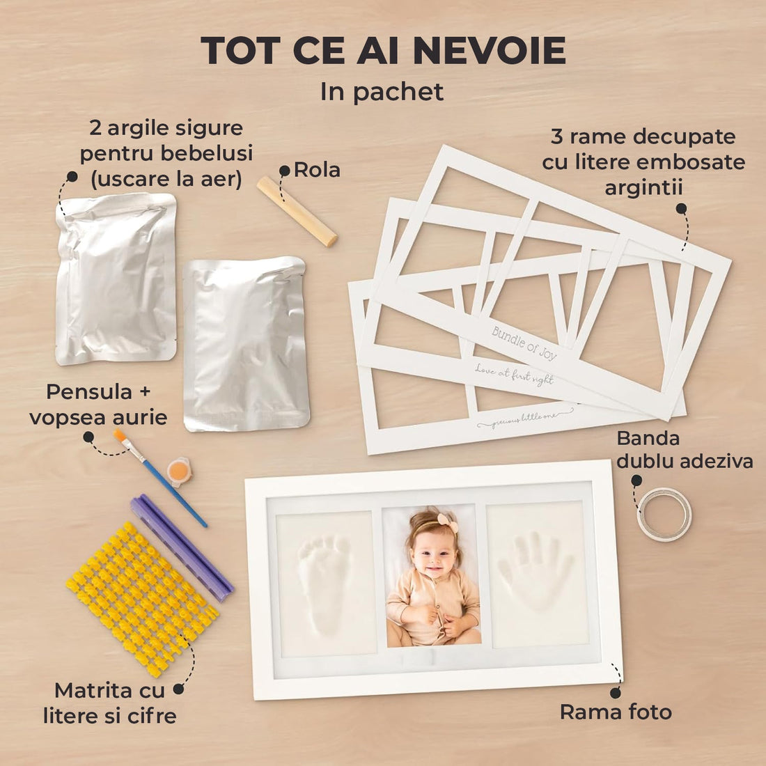 Kit Amprenta Bebe cu Lut Non-Toxic si Rama Foto Elindor® Personalizabil, pentru Maini si Picioare, Cadou Ideal pentru Botez, Zi de Nastere si Baby Shower, Set Complet cu Etichete, Pigment si Cutie de Cadou, Design Elegant, Alb