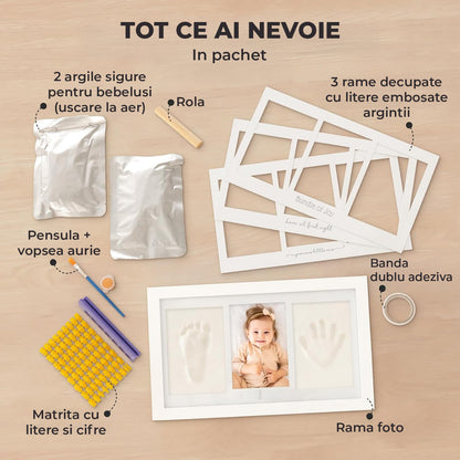 Kit Amprenta Bebe cu Lut Non-Toxic si Rama Foto Elindor® Personalizabil, pentru Maini si Picioare, Cadou Ideal pentru Botez, Zi de Nastere si Baby Shower, Set Complet cu Etichete, Pigment si Cutie de Cadou, Design Elegant, Alb