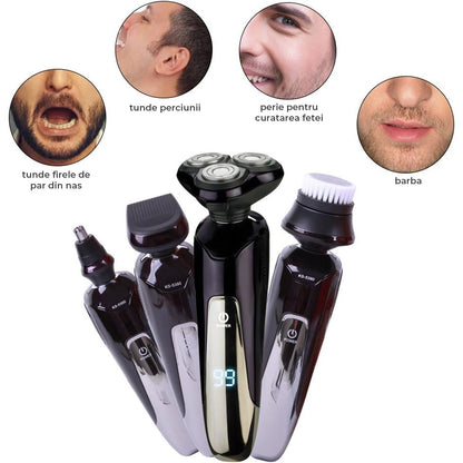 Aparat de Ras Electric Elindor® 4 In 1 pentru Barbati, cu Capete Rotative, Trimmer Nas, Perie Curatare Fata, Ecran LED, Autonomie 2h, Negru