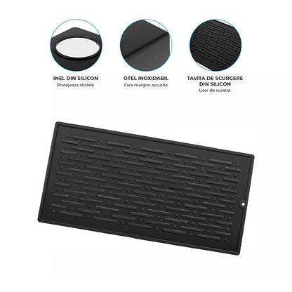 Scurgator de Sticle Elindor® cu 3 Orificii, Suport Scurgere Capace, Otel Inoxidabil, Ideal pentru Chiuveta in Bucatarie, Bar, cu Scurgere Automata si Ventilatie Completa, Multifunctional, 11.3 x 13.3 x 30 cm, Negru