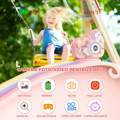 Cameră Foto Digitală Elindor® pentru Copii, Model Unicorn, 48MP, 1080P HD, Roz