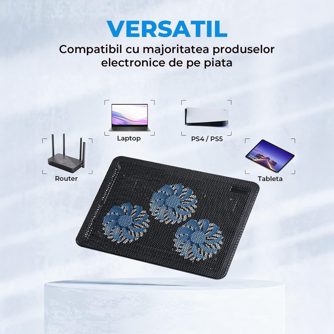 Cooler Laptop Elindor® 15.6-17 Inch, cu 3 Ventilatoare Blue LED, Silentios, USB Alimentare, Suport Reglabil, Design Slim, Negru