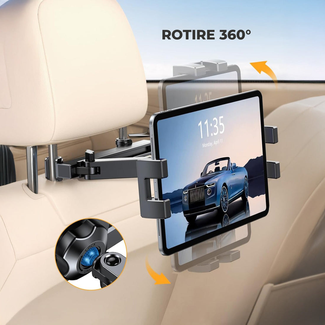 Suport Auto Tetiera Elindor® pentru Tablete si Telefoane, Pliabil, Extensibil, Rotire 360°, Compatibil 4,7-12,9", Negru