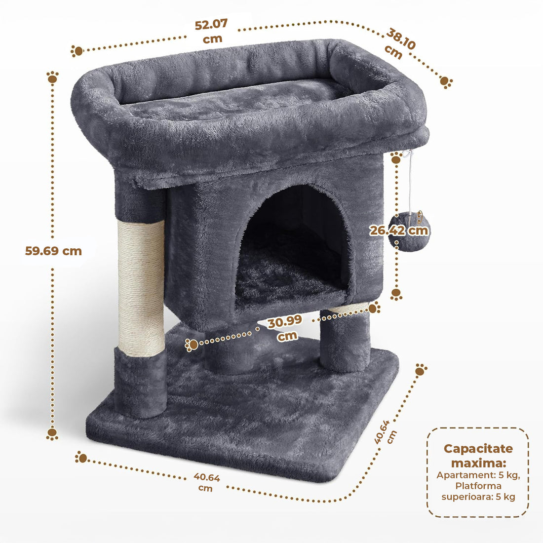 Ansamblu de Joaca Elindor® pentru Pisici, Post pentru Zgariat din Sisal, Stalp pentru Ascutit Gheare, Baza Solida, 2x Pat Moale pentru Dormit, Accesorii Animale de Companie, Montare Usoare, Gri