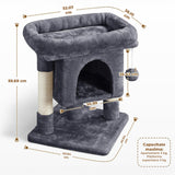 Ansamblu de Joaca Elindor® pentru Pisici, Post pentru Zgariat din Sisal, Stalp pentru Ascutit Gheare, Baza Solida, 2x Pat Moale pentru Dormit, Accesorii Animale de Companie, Montare Usoare, Gri