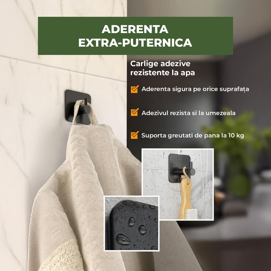 Set 6 Carlige Autoadezive Elindor®, Otel Inoxidabil Negre, Design Modern Fara Gaurire, Adeziv Puternic Rezistent la Apa, Suporta pana la 10 kg, Montaj Rapid, Agatatori pentru Prosoape, Halate, Chei, pentru Baie, Bucatarie, Hol, Birou sau Usi