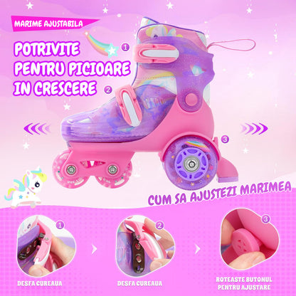 Role Reglabile Elindor® pentru Copii, Fete si Baieti, 4 Roti cu Lumini, Platforma in Triunghi, Ajutatoare pentru Incepatori, Rotile din Silicon, Rulmenti Aluminiu / Poliuretan, Marimea S, 28-32, Roz