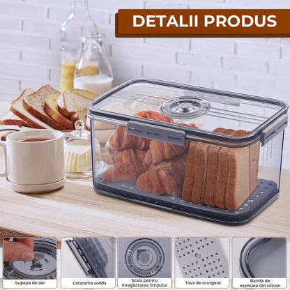Cutie Depozitare Alimente Etansa Elindor® cu Supapa de Aer, Scala de Timp, Tava Scurgere si Capac Rezistent, Gri